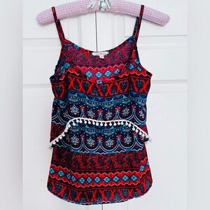 Love Blossom Multicolor Print Top with Pom Pom Trim-Size S